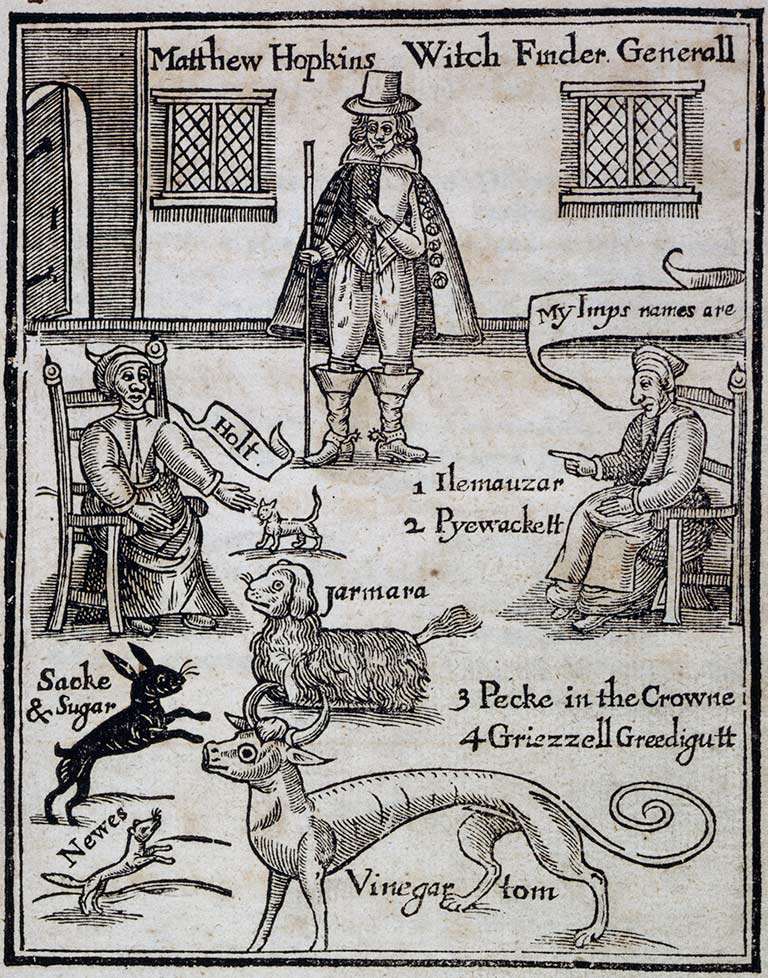 An illustration from a 17th century pamphlet depicting a witch trial, in which she is naming all her familiars