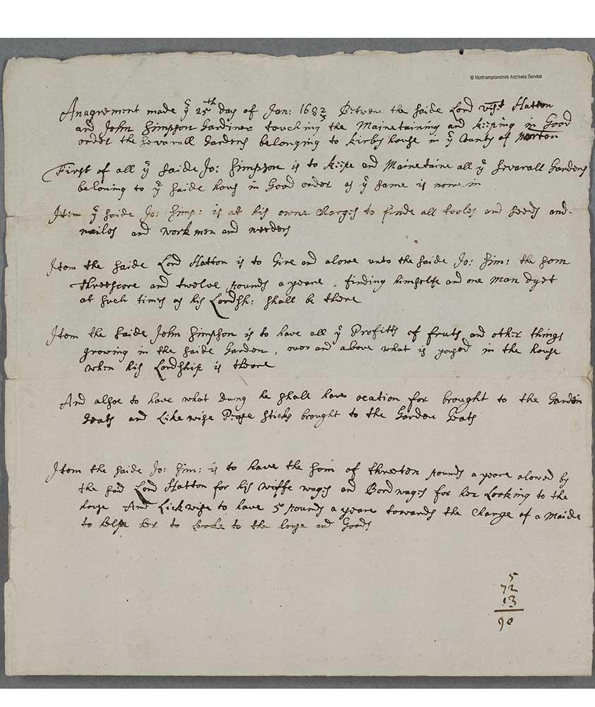 An agreement between Lord Hatton and his gardener John Simpson for maintaining the gardens at Kirby Hall