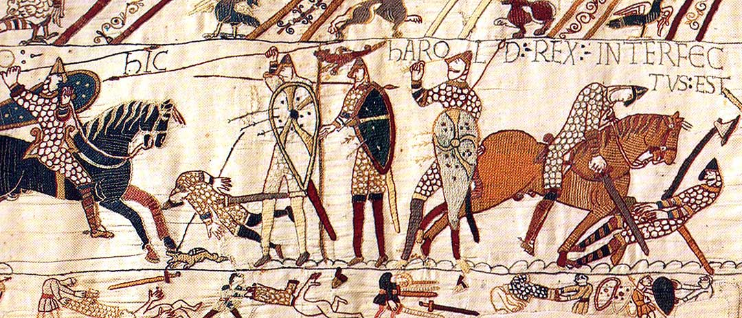 The scene from the Bayeux Tapestry depicting the death of King Harold of England at the Battle of Hastings The scene from the Bayeux Tapestry depicting the death of King Harold of England at the Battle of Hastings