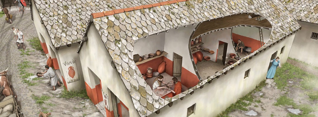 Reconstruction drawing of a shop outside Housesteads Roman Fort on Hadrian’s Wall Reconstruction drawing of a shop outside Housesteads Roman Fort on Hadrian’s Wall