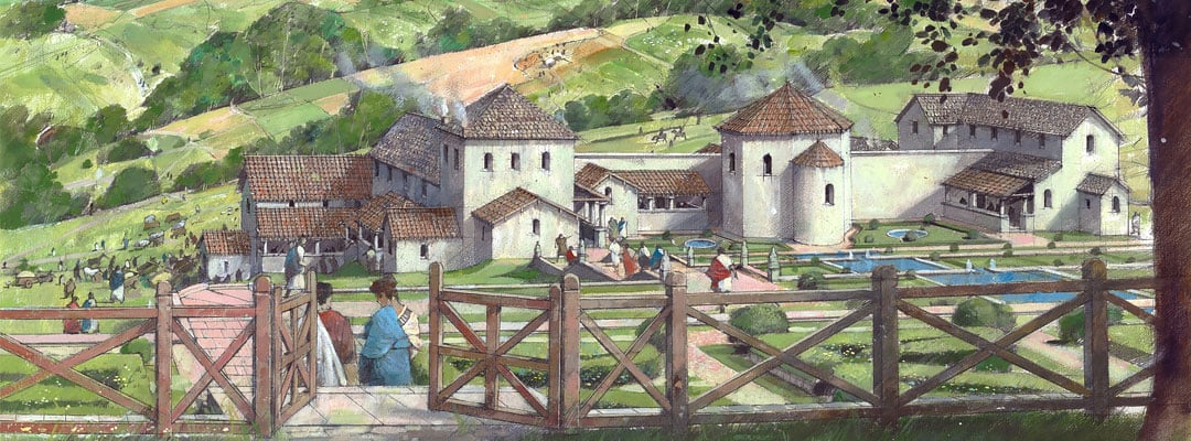 Reconstruction drawing of Great Witcombe Roman Villa, Gloucestershire