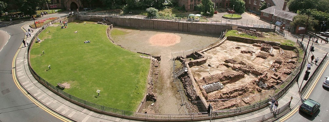 The excavated remains of the Roman amphitheatre at Chester