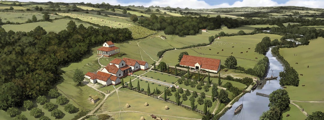 Reconstruction drawing of Lullingstone Roman Villa, Kent, in its 4th-century landscape