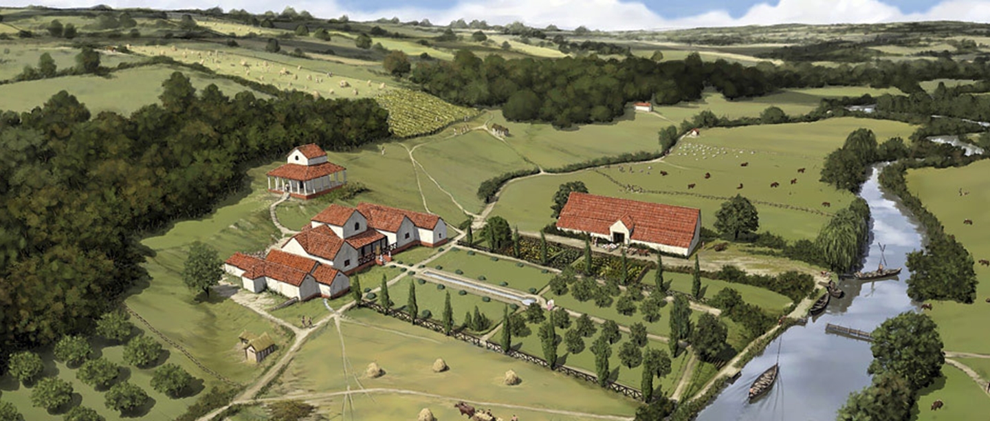 Reconstruction drawing of Lullingstone Roman Villa, Kent, in its 4th-century landscape