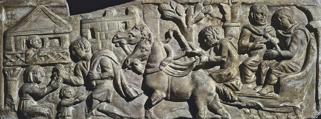 A Roman relief depicting an imperial messenger arriving at a staging post A Roman relief depicting an imperial messenger arriving at a staging post