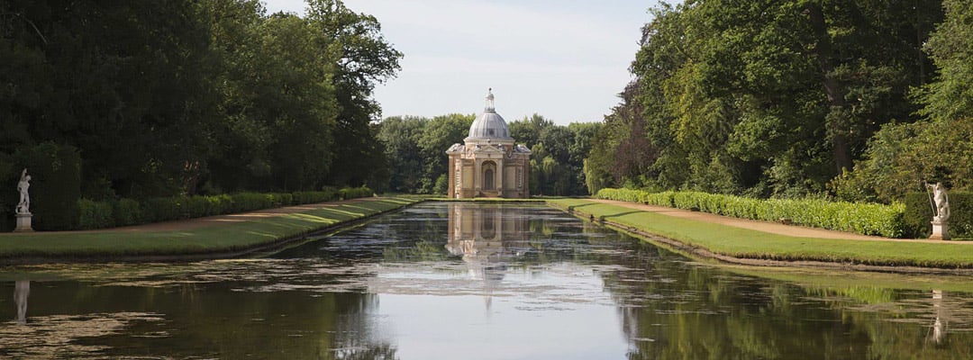 The Archer Pavilion and Long Water at Wrest Park, Bedfordshire