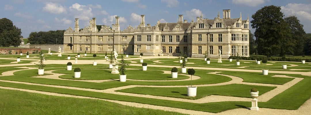 The grand west front of Kirby Hall, Northamptonshire, begun in the 1570s The grand west front of Kirby Hall, Northamptonshire, begun in the 1570s