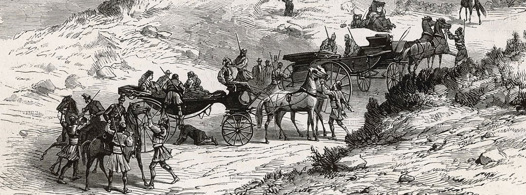 The party of tourists being taken hostage on 11 April 1870 The party of tourists being taken hostage on 11 April 1870