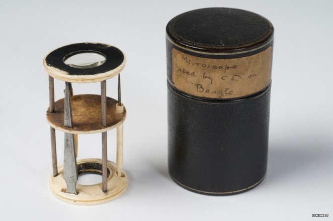 A small metal cylindrical microscope and a black cylindrical case with a brown label which reads 'Microscope used by CD on Beagle'