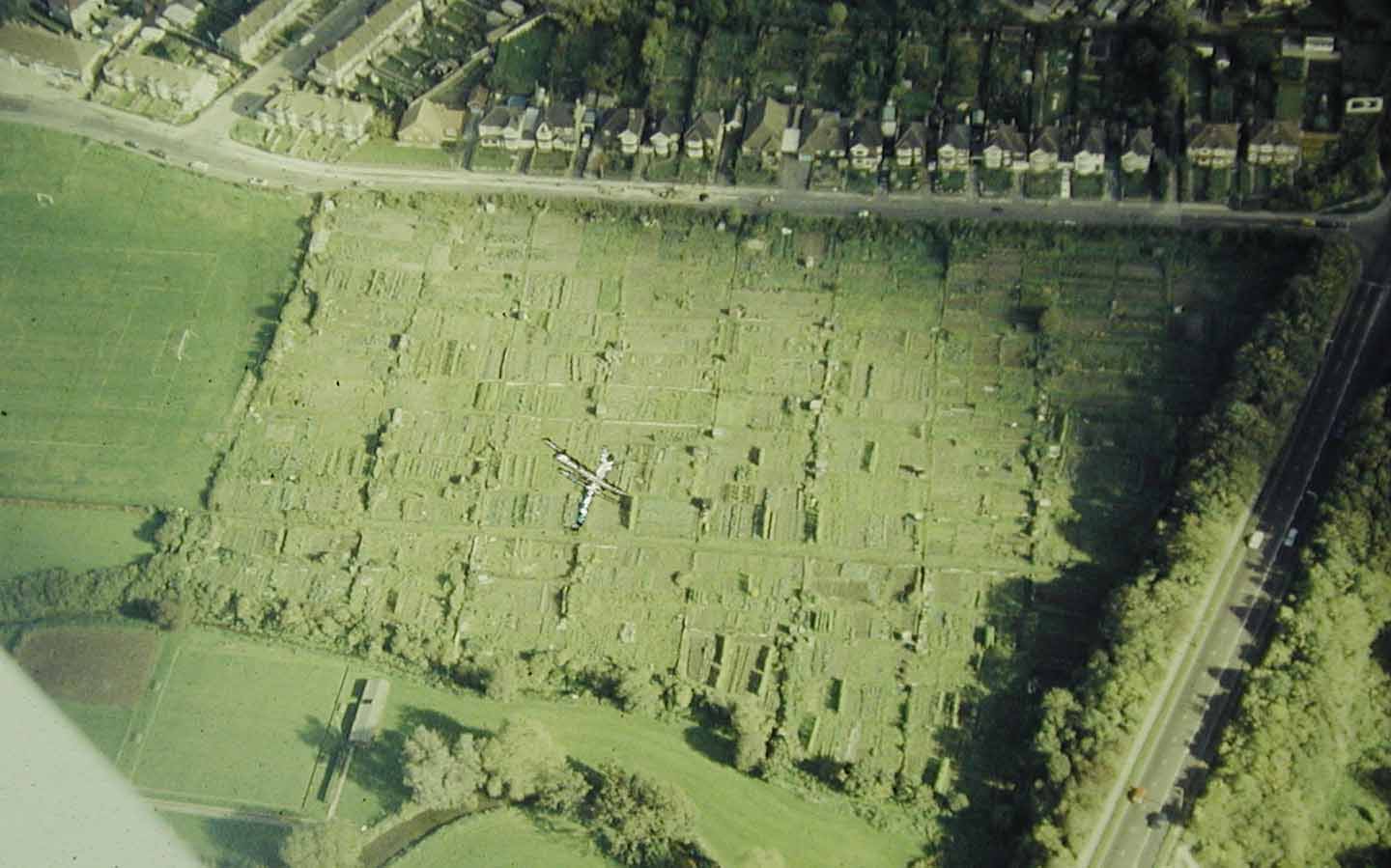 An aerial view of the allotments sitting above the villa site today.