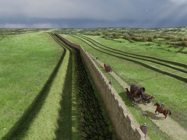 A reconstruction drawing showing horses and carts moving along a section of crenellated stone wall with a ditch on the other side of the wall. 