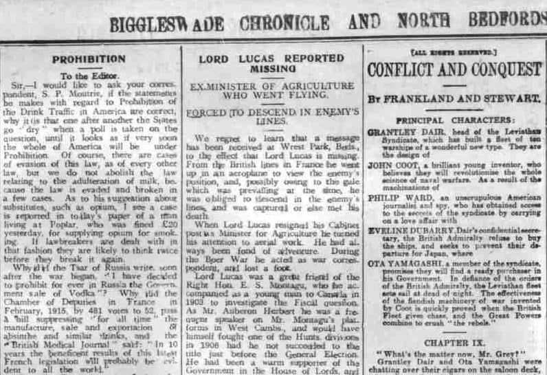 Biggleswade Chronicle, 17/11/16 - 'Lord Lucas reported missing. Ex Minister of Agriculture who went flying. Forced to descend in enemy's lines'.