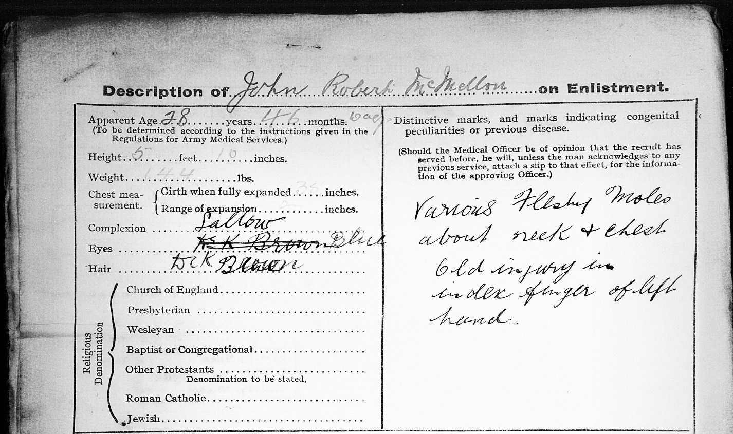 John Robert McMellon's detailed physical description in his service record