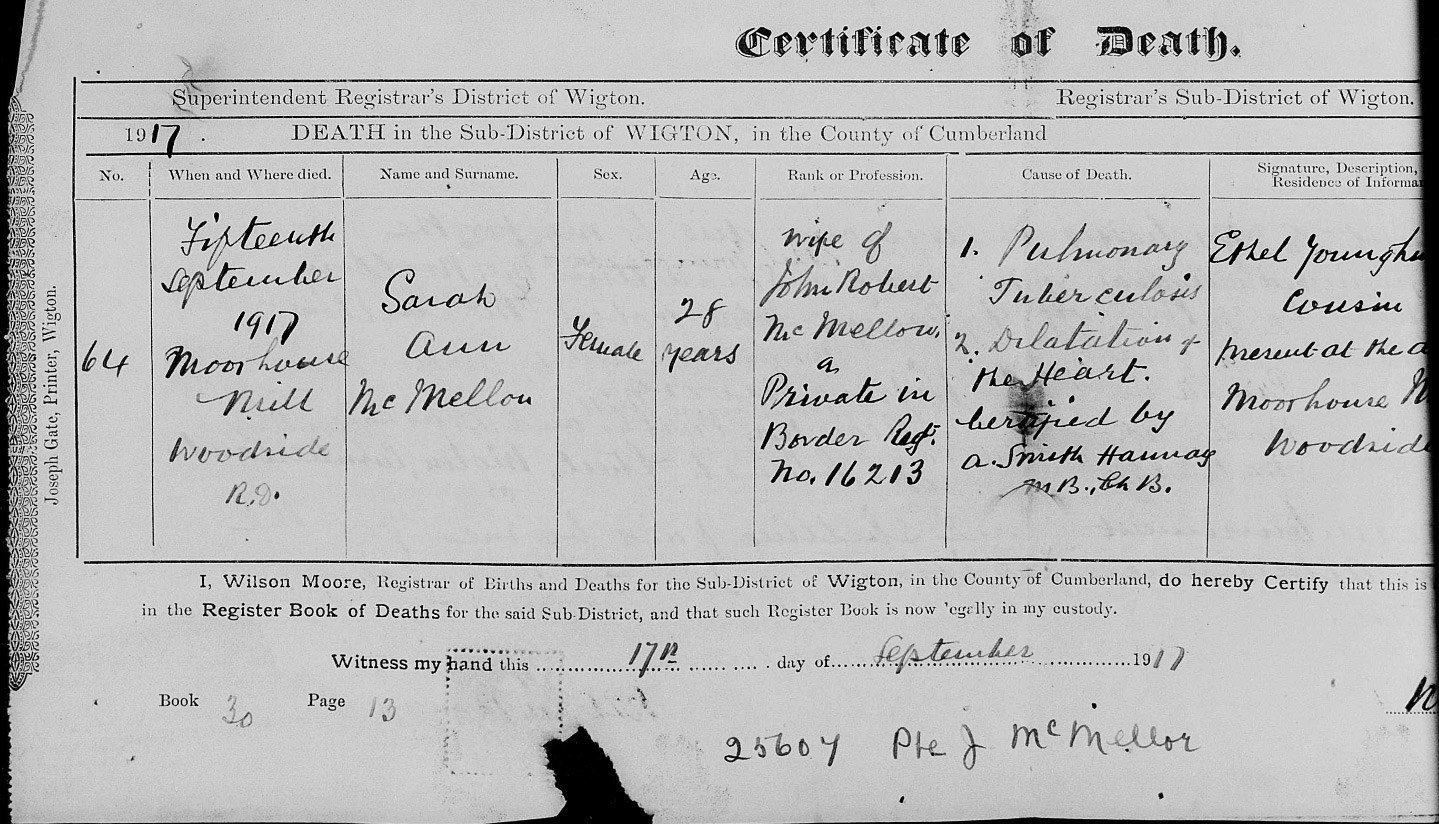 Sarah Ann McMellon's death certificate