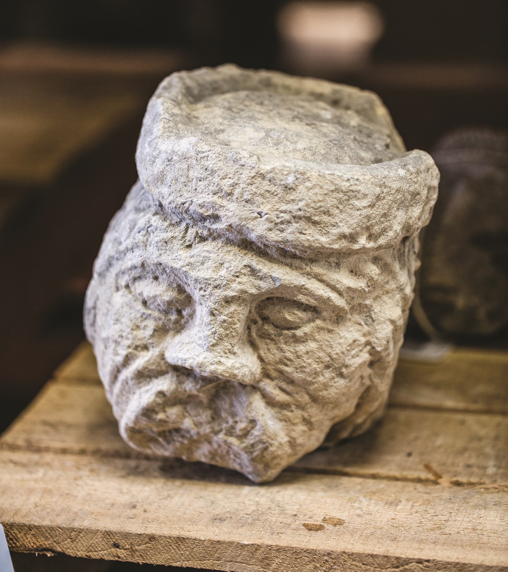A carved head from Mount Bretton Priory