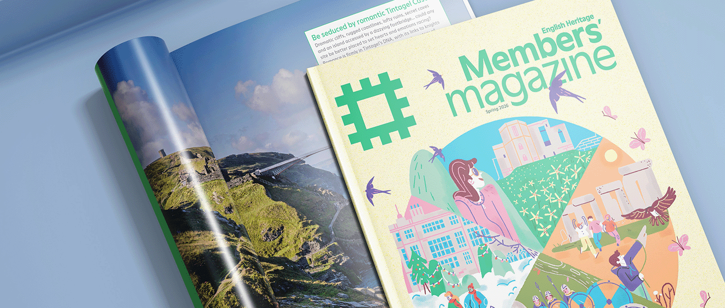 Photo of the cover and an inside page of the Spring 2026 English Heritage Members' magazine