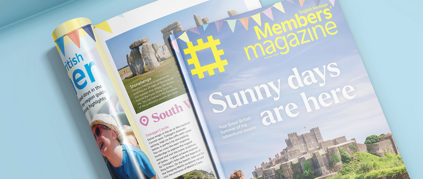 Photo of the front cover and an inside page of the Summer 2026 English Heritage Members' magazine