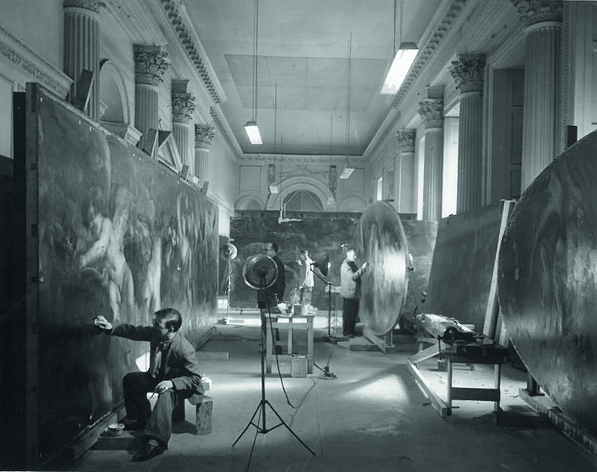 Image: The restoration of Rubens ceiling murals being carried out at Kensington Palace in 1949