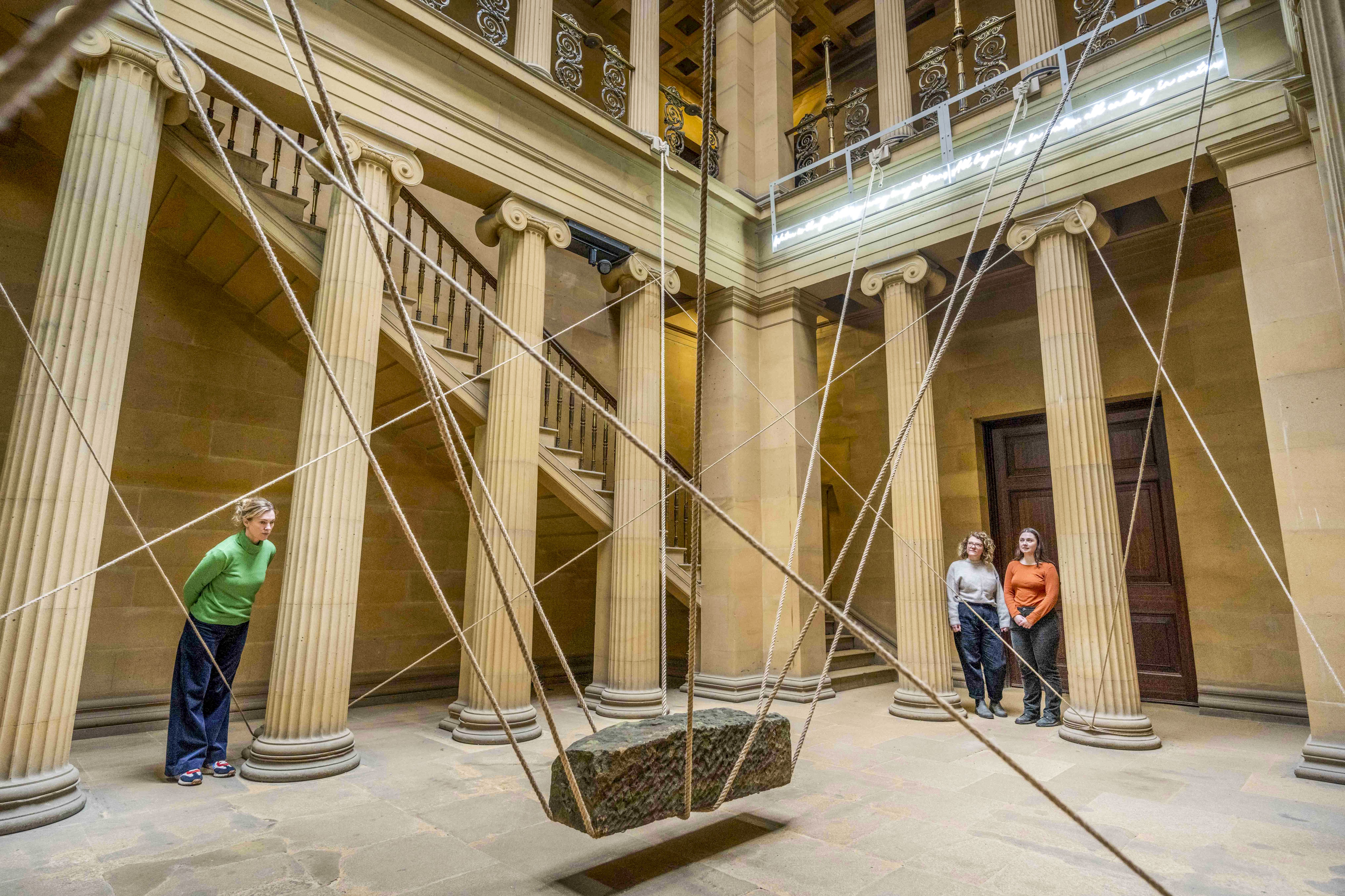 Photo of a stone block supported by ropes in Belsay Hall in Northumberland