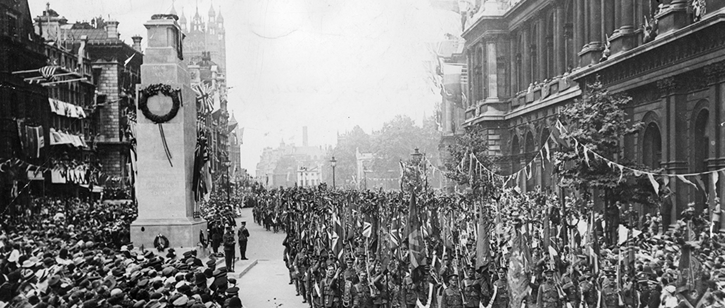 Image: British soldiers passing the Cenotaph in the Peace Day parade on 19 July, 1919, after the First World War