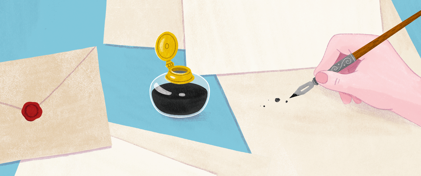 A hand is writing using a fountain pen, on a sheet of paper. There are other sheets of paper and an envelope. 