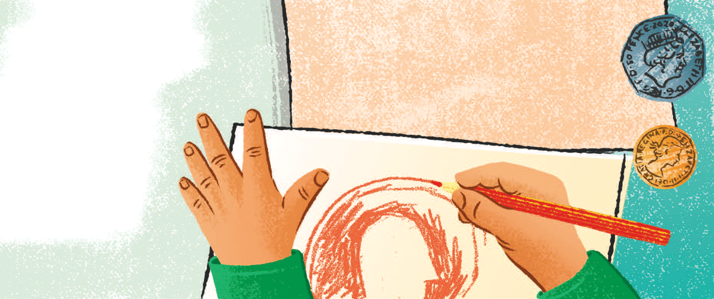 Illustration: hands are drawing an outline of a coin in orange pencil. Two coins sit on the table next to the drawing
