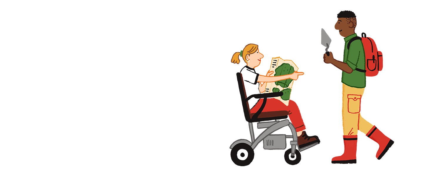 Illustration of two archaeologists, one using a wheelchair, holding a map and pointing, and another holding a trowel and wearing a rucksack and boots