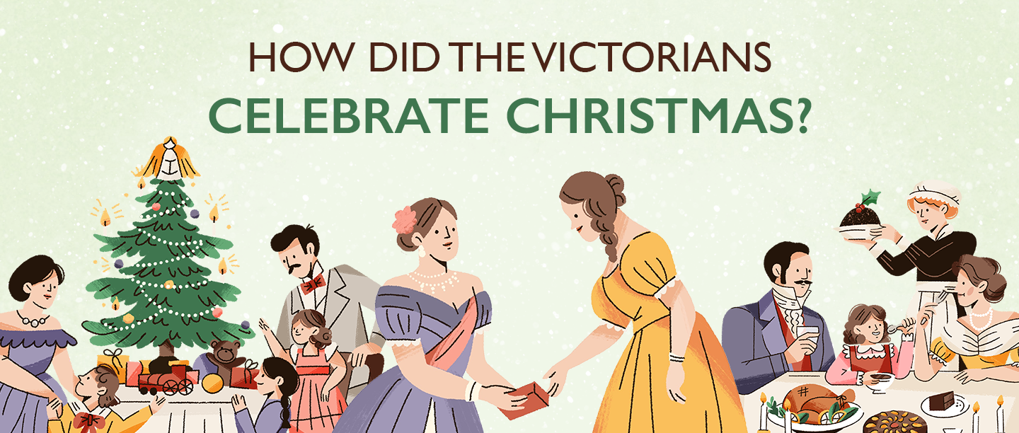 Text: How did the Victorians celebrate Christmas? Image: Queen Victoria and Albert with their Christmas tree, Queen Victoria gives a gift to her attendant and a Victorian family enjoy their Christmas dinner
