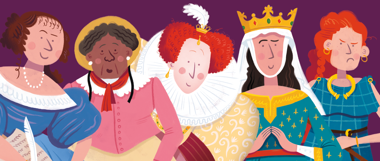 Image: Collage of illustrations of Margaret Cavendish, Mary Seacole, Elizabeth I, Eleanor of Aquitaine and Boudica