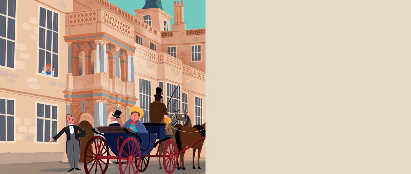 Image: illustration of a horse drawn carriage outside a grand house