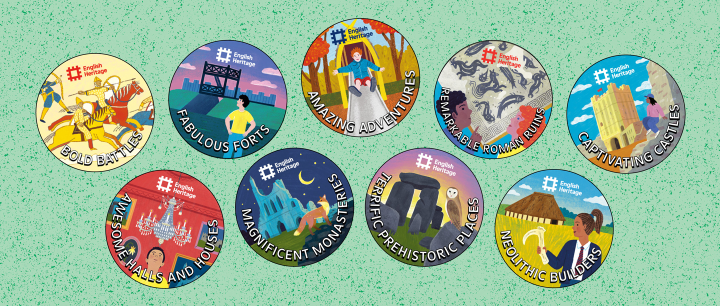 A collection of 9 English Heritage pop badges on a light speckled green background.