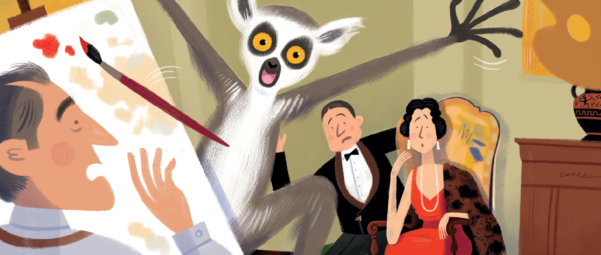 An artist is painting the Courtauls and their pet lemur, Mahjong