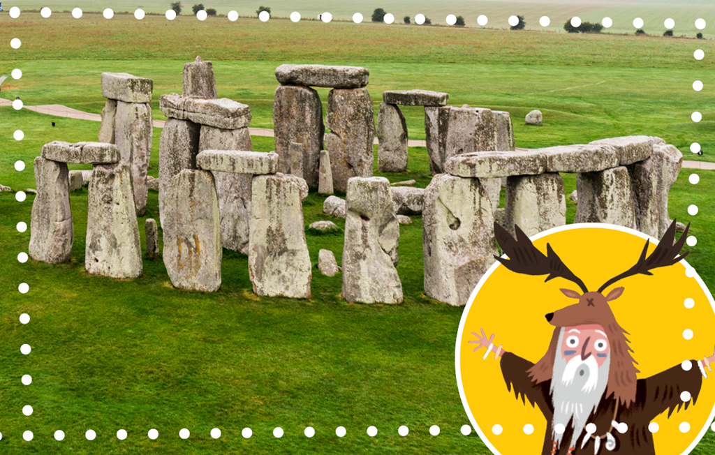 Image: Stonehenge with an illustration of a druid