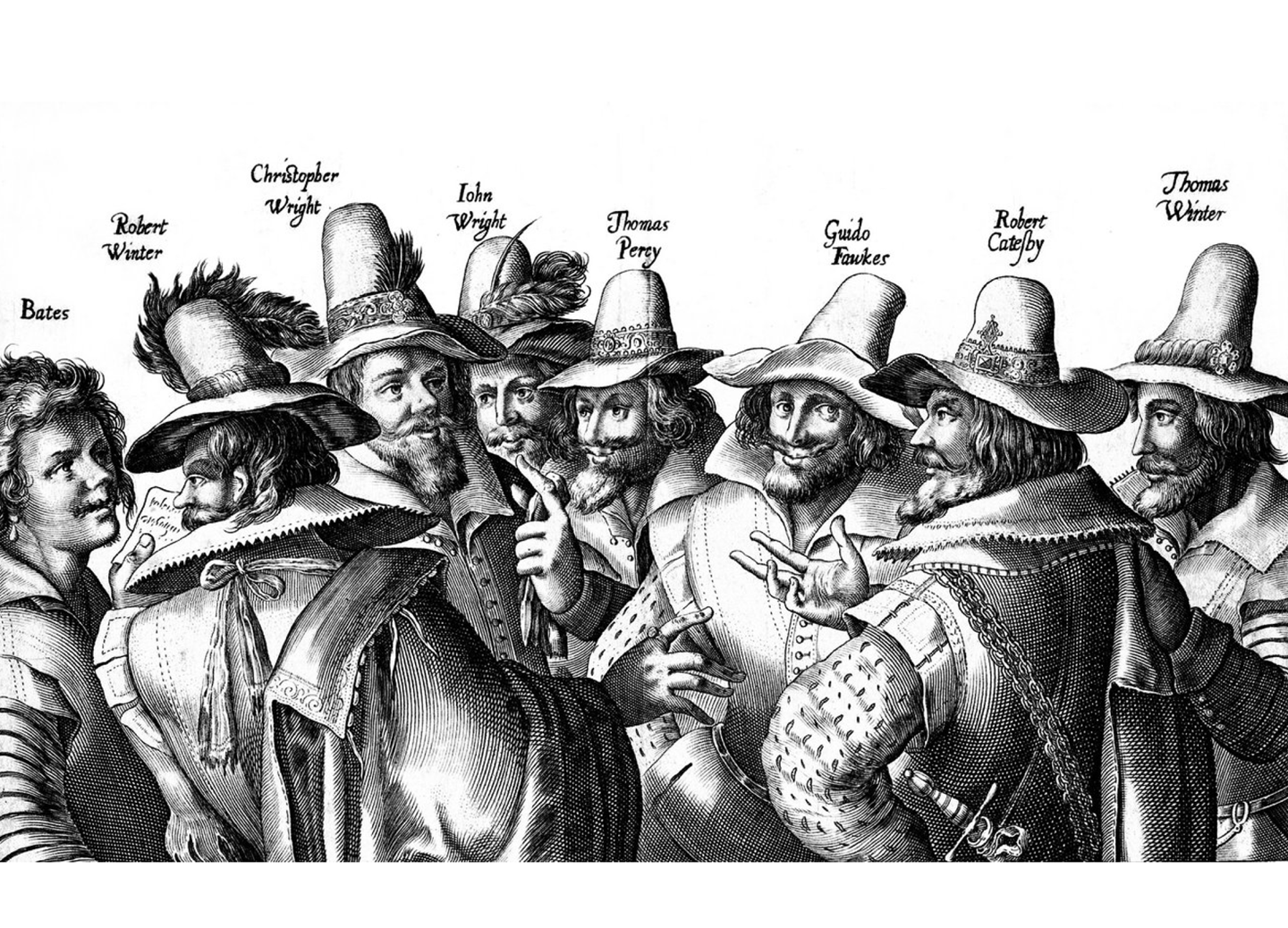  Image: An etching, c.1606, showing all the conspirators in the plot to blow up the English parliament 