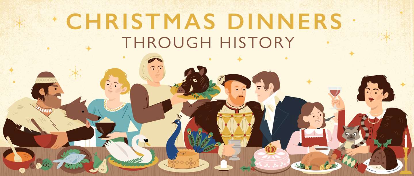 Image with text: Christmas dinners through history