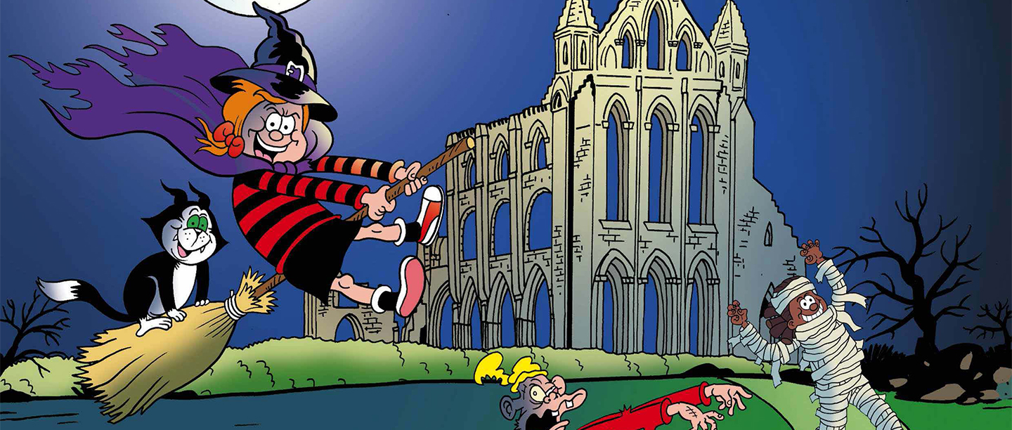 Image: illustration of Beano characters at Whitby Abbey