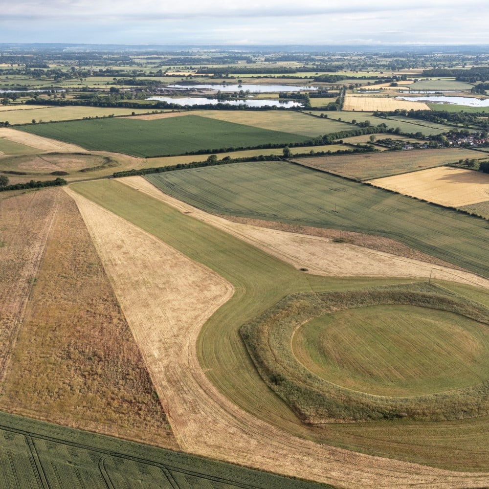 Aerial photo of Thornborough Henges with surrounding agricultural fields