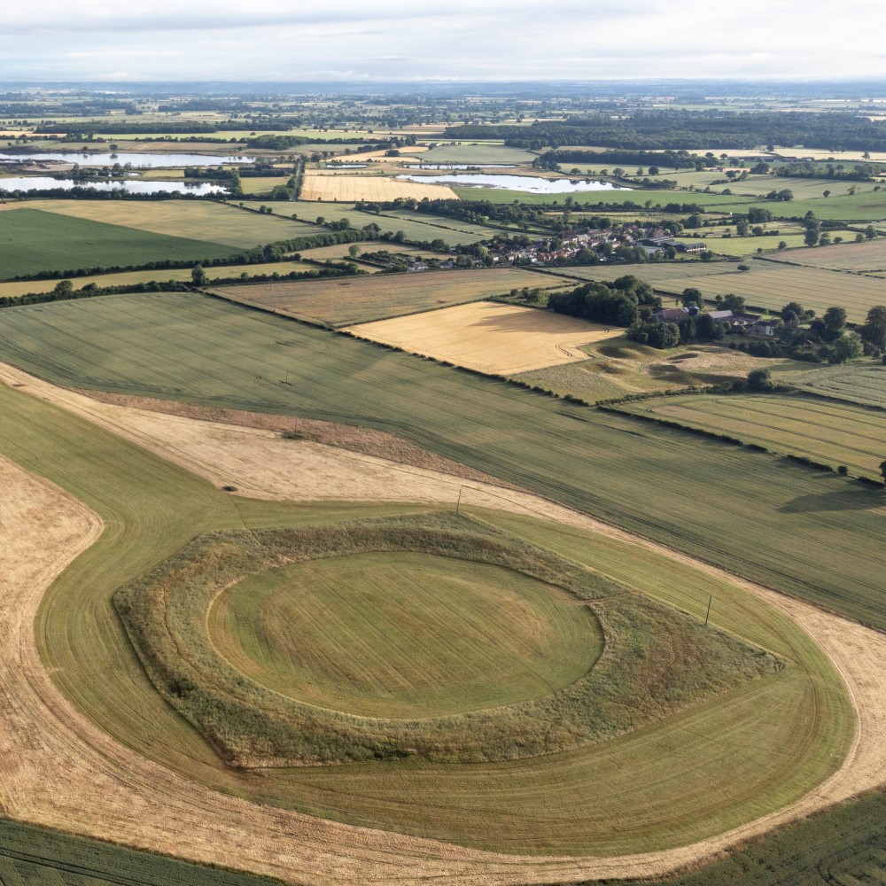 Aerial photo of the southern henge at Thornborough, set amongst an agricultural landscape