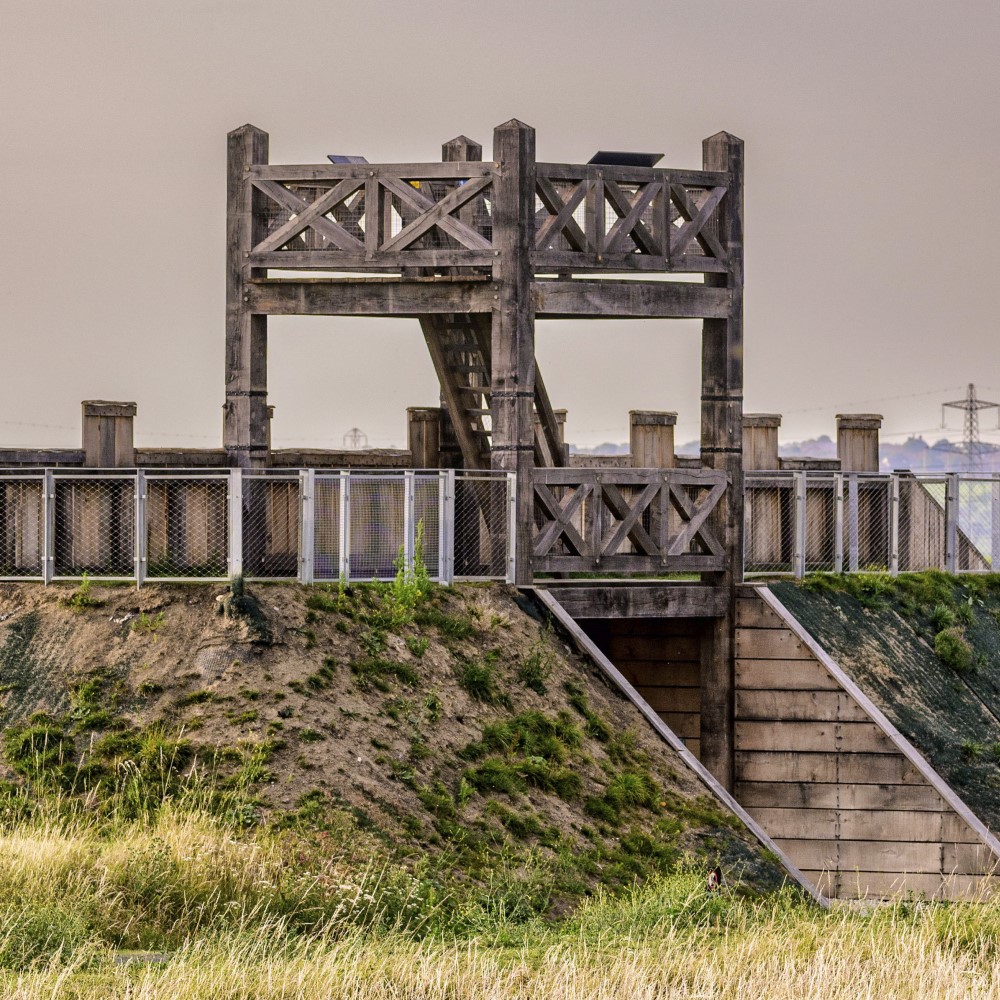 Photo of the replica wooden gate-tower at Richborough Roman Fort