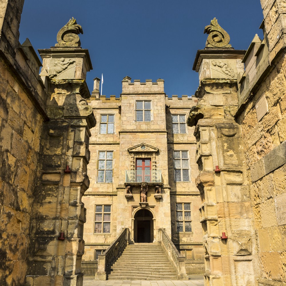Photo looking through the gateway to the entrance of the Little Castle at Bolsover