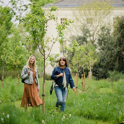 Image: two women walk through the garden at Marble Hill