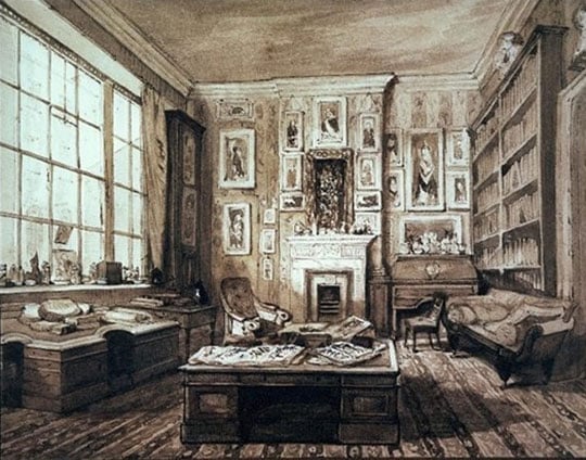 Monochrome drawing showing a high-ceilinged room with desks covered in papers, an armchair and sofa, a large ornate pale fireplace on a wall covered in portraits and the wall opposite the window entirely covered in bookcases