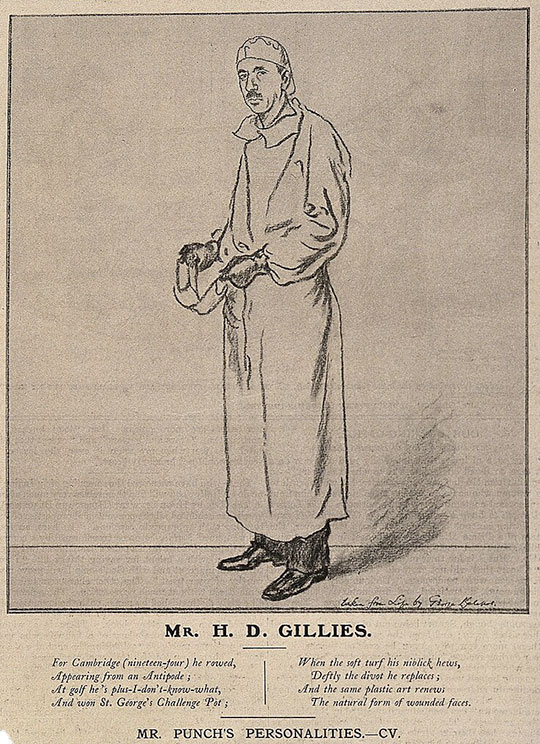 Black and white line drawing of surgeon Harold Gillies in surgical gown and cap, holding a mask in his hand. Lettering reads: "For Cambridge (nineteen-four) he rowed, appearing from an antipode; at golf he's plus-I-don't-what, and won St. George's challenge pot; when the soft turf his niblick hews, deftly the divot he replaces; and the same plastic art renews, the natural form of wounded faces."