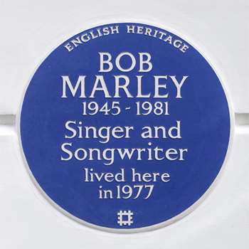 Circular blue plaque to Bob Marley