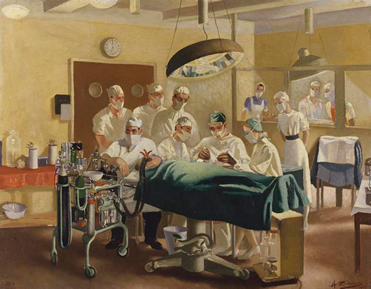 Reconstructive surgeon Archibald McIndoe operating on a patient at the Victoria Hospital as a team of seven staff sit and stand around him and others observe through a window into the theatre on the right.