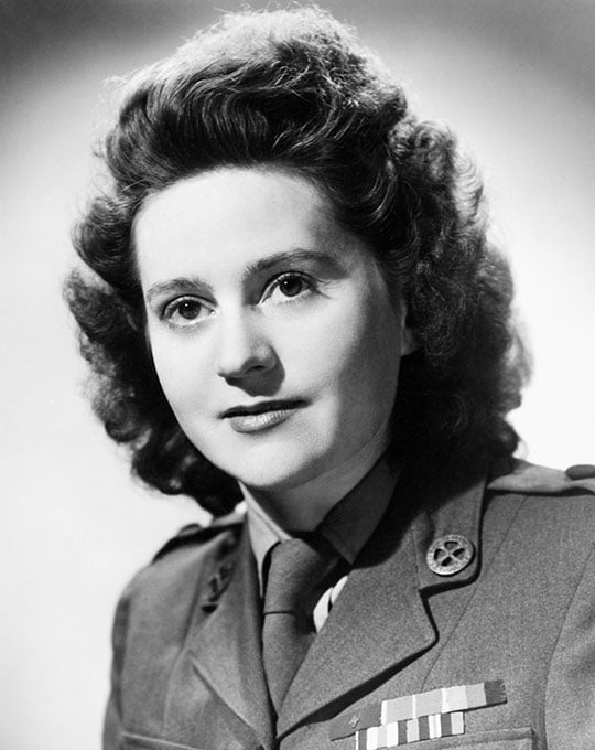 Black and white head and shoulder portrait of Lieutenant Odette Sansom wearing a military uniform Black and white head and shoulder portrait of Lieutenant Odette Sansom wearing a military uniform