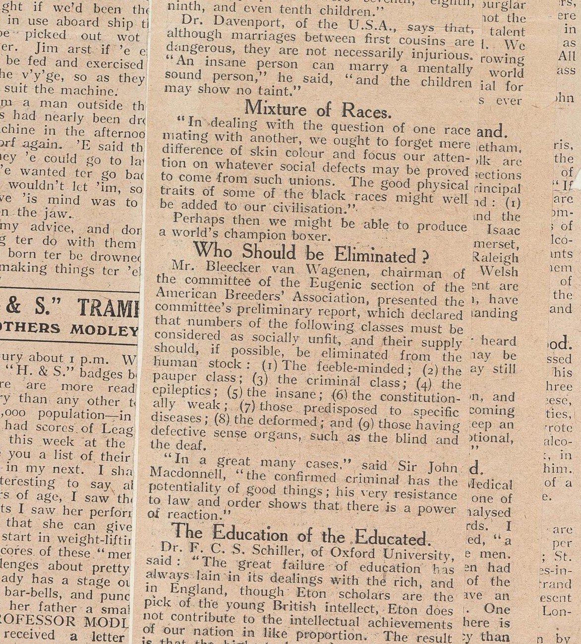 Presseausschnitte, die über den Ersten Internationalen Eugenikkongress 1912 berichten.