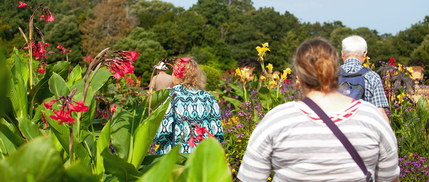 Photo of a small group of people walking through a garden filled with colourful flowers at Osborne on the Isle of Wight