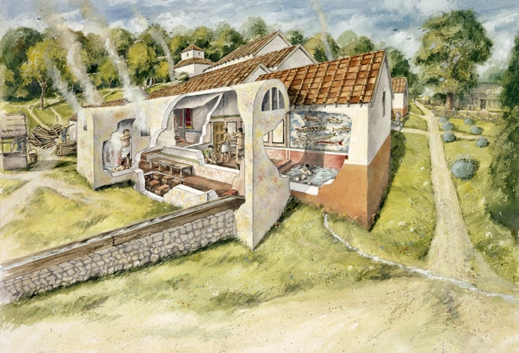 Image: Cut-away illustration of Lullingstone Roman Villa showing the hypocaust heating several rooms