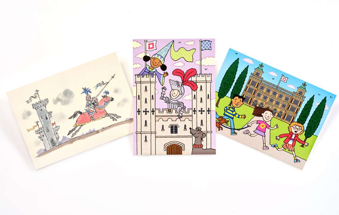 Three colourful postcards against a white background Three colourful postcards against a white background